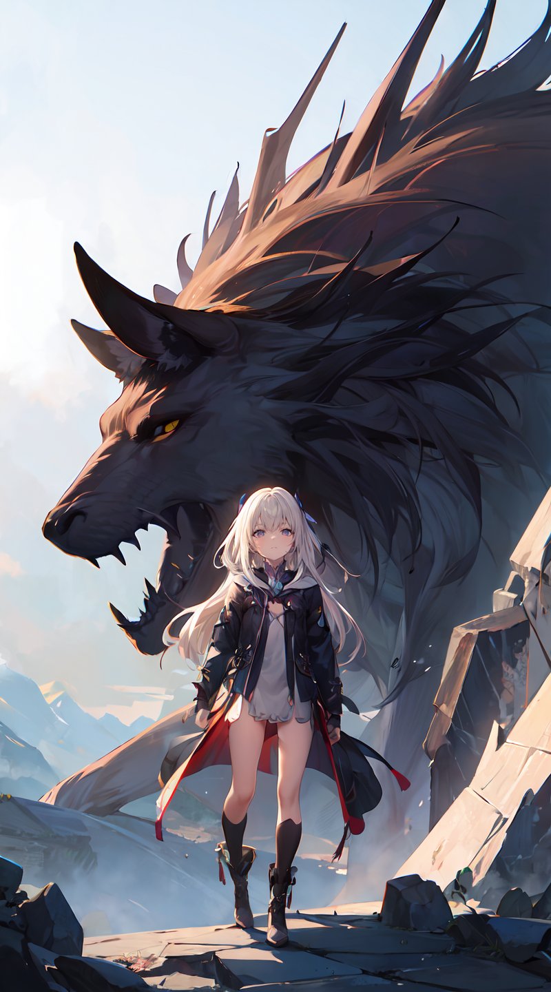 a girl,standing in front of the phantom of the giant beast,visual explosion,