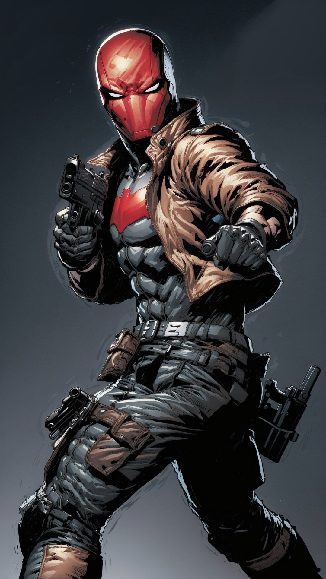 rhdc, full body view, a man, red helmet, brown leather jacket, gray skintight suit, black gloves, belt, red bat symbol, cargo pants, boots, dynamic pose, holding a pistol, pointing at viewer, 8k, 16k, masterpiece,  <lora:rhdc:0.7>