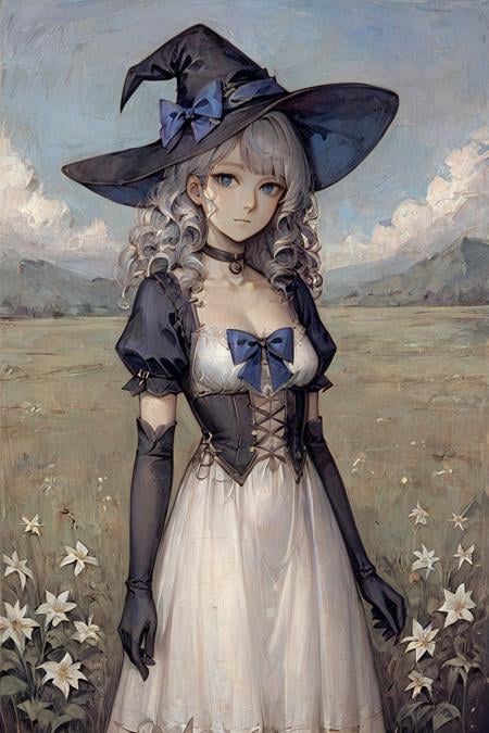 score_9, score_8_up, score_7_up, 1girl, witch hat, hat, solo, long hair, flower, dress, choker, puffy sleeves, looking at viewer, grass, white dress, bow, hat bow, white hair, black choker, plant, outdoors, blue eyes, purple eyes, black headwear, bangs, long sleeves, gloves, witch, blue bow, wavy hair, short sleeves, puffy short sleeves, elbow gloves, black gloves, standing, field, grey hair, sky, purple bow, breasts, curly hair, parted lips, expressionless, cowboy shot, closed mouth, leaf <lora:Gothic Art 2 Style SDXL_LoRA_Pony Diffusion V6 XL:1>