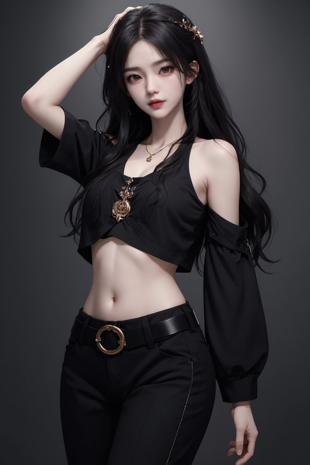 masterpiece, best quality, masterpiece,best quality,official art,extremely detailed CG unity 8k wallpaper,woman,photorealistic, masterpiece, realistic,araffed woman in black top and black pants posing for a picture, jiyun chae, wavy long - length black hair, shoulder-length black hair, lu ji, +81 magazine, wavy shoulder-length hair, kim hyun joo, physical : tinyest midriff ever, tinyest midriff ever, Wang Yuanqi, black wavy hair with bangs, long thin black hair, huge belt, female actress from korea, Du Qiong, Huang Ji, Qian Du, portrait of female korean idol, wavy long black hair, black long hair, shoulder length black hair, id magazine, Hu Zaobin, dilraba dilmurat, wavy black hair, black wavy hair, no logo, beautiful midriff, jia, Chen Jiru, gold belt, Luo Mu <lora:模特:0.8>