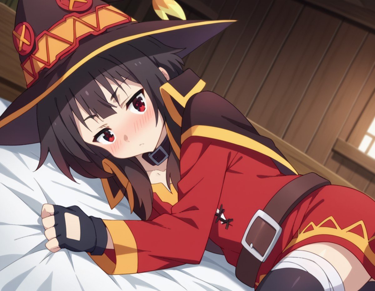 score_9, score_8_up, score_7_up, source_anime,konosubamegumin, <lora:konosuba-megumin-s2-ponyxl-lora-nochekaiser:1>,megumin, short hair, black hair, red eyes, short hair with long locks,thighhighs, gloves, hat, dress, black gloves, belt, black thighhighs, fingerless gloves, cape, collar, witch hat, bandages, red dress, single thighhigh, asymmetrical legwear, bandaged leg,indoors, bed, bed room, on side, blush, drunk,looking at viewer, dutch angle, cowboy shot,