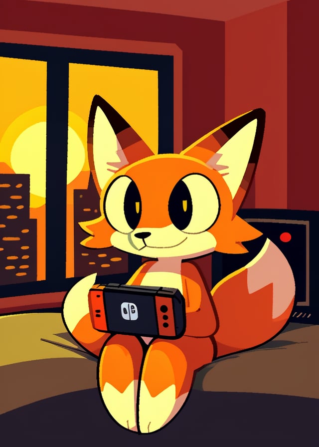 by Sodacaps, by Superiorfox, by Velveteksotica, (chibi feral fox, soups \(superiorfox\):1.25), big eyes, slit pupils, three-quarter portrait, sitting, looking at viewer, city, window, sunlight, sun, inside, plant, tv, nintendo switch, (vector art, high detail:1.3)