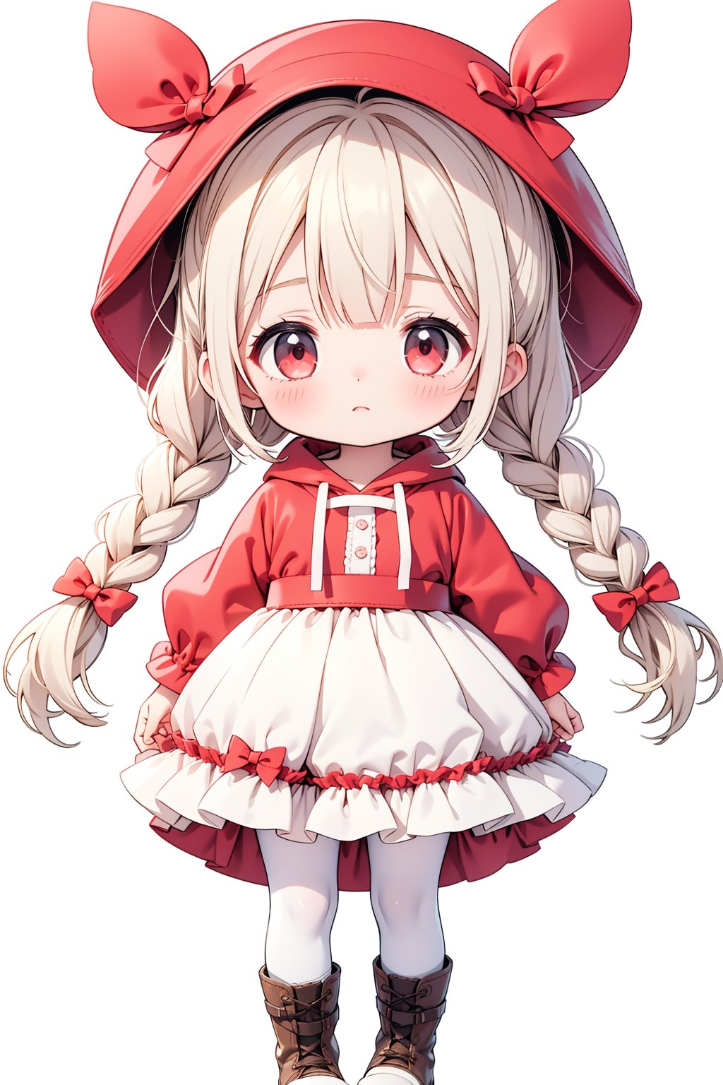 (masterpiece),(best quality),illustration,ultra detailed,hdr,Depth of field,(colorful),loli,1girl,solo,braid,red eyes,white background,hood,dress,long hair,simple background,red bow,hood up,looking at viewer,full body,twin braids,pantyhose,bow,standing,white footwear,white dress,sleeves past wrists,long sleeves,boots,white hair,white pantyhose,hair bow,frills,