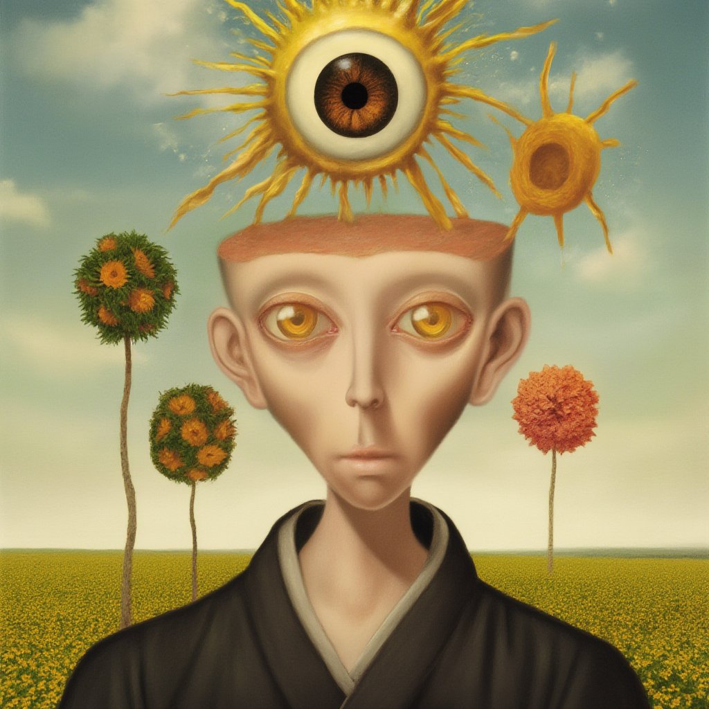 solo,looking at viewer,1boy,yellow eyes,upper body,flower,male focus,outdoors,japanese clothes,sky,cloud,tree,no humans,traditional media,portrait,1other,sun,eyeball,field,straight-on,horror (theme),surreal,eye focus ,, lowbrow art style, surreal,, <lora:LowBrowF1D:1>