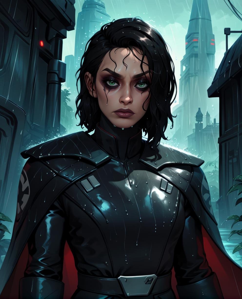 score_9,score_8_up,score_7_up,score_6_up,Trilla,green eyes,black hair,upper body, wet,    armor,gloves,black bodysuit,black cape,belt,rain,science fiction,sith base, star wars, outdoors,  rain, <lora:Trilla:0.8>,solo,