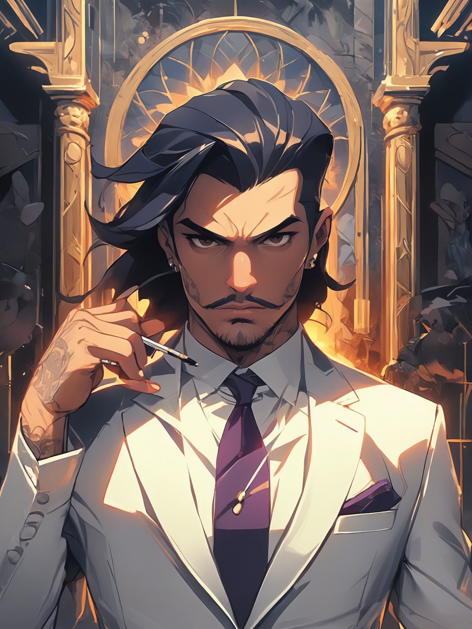 A captivating portrait of Edgar Valdez, a notorious drug lord turned informant. With a chiseled face, piercing eyes, and slicked-back hair, Valdez exudes both power and menace. He wears a tailored suit, a symbol of his former affluence, and holds a lit cigar in one hand. The background is a dimly-lit room with shadows cast across the walls, creating an atmosphere of mystery and danger. epic action, Unreal Engine, cinematic award winning artwork, many details, extreme detailed, full of details,Wide range of colors., dramatic, Dynamic,Cinematic,Sharp details, Insane quality. Insane resolution. Insane details. Masterpiece. 32k resolution. casting shadow style, cucoloris patterned illumination,  dvr-lnds-sdxl, ral-dissolve, ral-ertmsphr, ral-porcelain, ral-pxlprtcl, Niji, aidma-niji