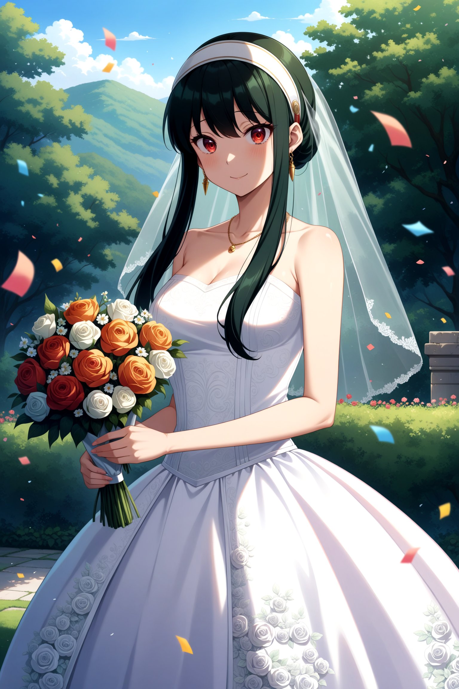 (masterpiece, best quality, very aesthetic, ultra detailed), intricate details, 4k, anime style, bbyorf, short hair with long locks, white hairband, red eyes, gold earrings, <lora:yor_forger_XL_v1:0.9>, wedding dress, white dress, bridal veil, necklace, strapless, garden, outdoors, holding bouquet, smile, confetti,