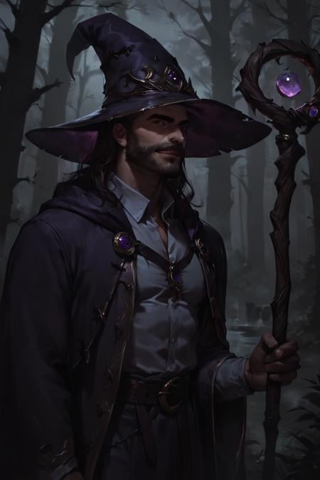 score_9, score_8_up, score_7_up, rating_safe, concept art, realistic, dark theme, low light, 1boy, solo, male focus, mature male, wizard, long hair, brown hair, black eyes, looking at viewer, hat, facial hair, beard, mustache, staff, wizard hat, purple hat, shirt, collared shirt, robe, purple robe, cloak, holding, holding staff, upper body, standong, outdoors, forest, nature, tree, fog, dark background <lora:Concept Art DarkSide Style LoRA_Pony XL v6:1>