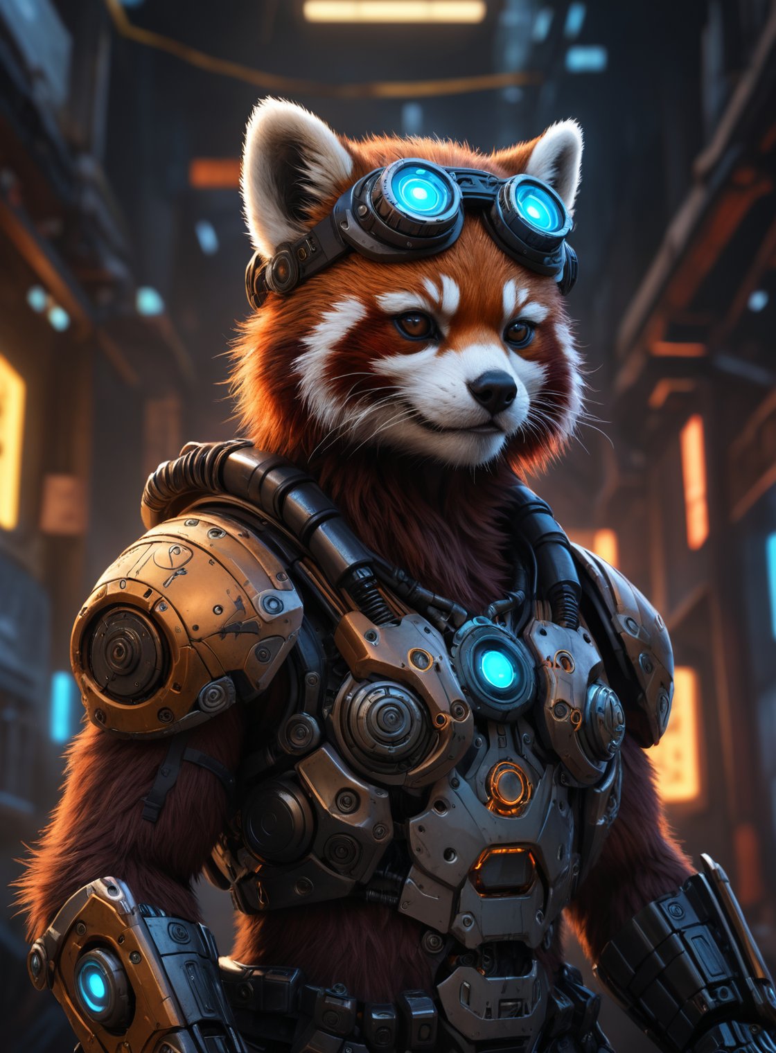 (cyberpunk viking red panda with robotic parts epic background glowing runes), illustration, fisheye lens, high contrast, highly detailed, sharp focus, digital painting, 3 d art, illustration, trending on artstation