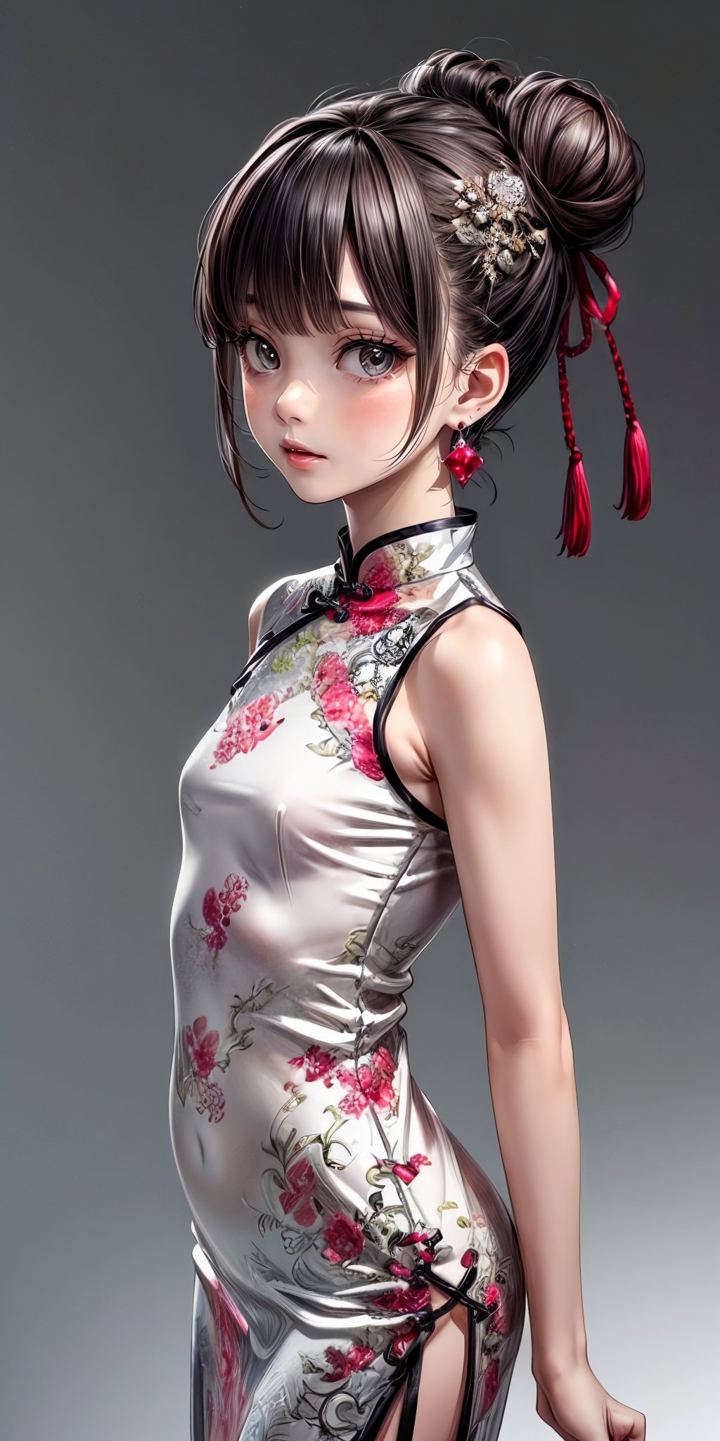 (masterpiece,ultra-detailed,best quality,8K,illustration:1.0),(petite girl:1.2) <lora:more_details:1>,simple background,   <lora:n china dress v1.0:0.5> jyojifuku, china dress, jewelry, earrings, hair bun