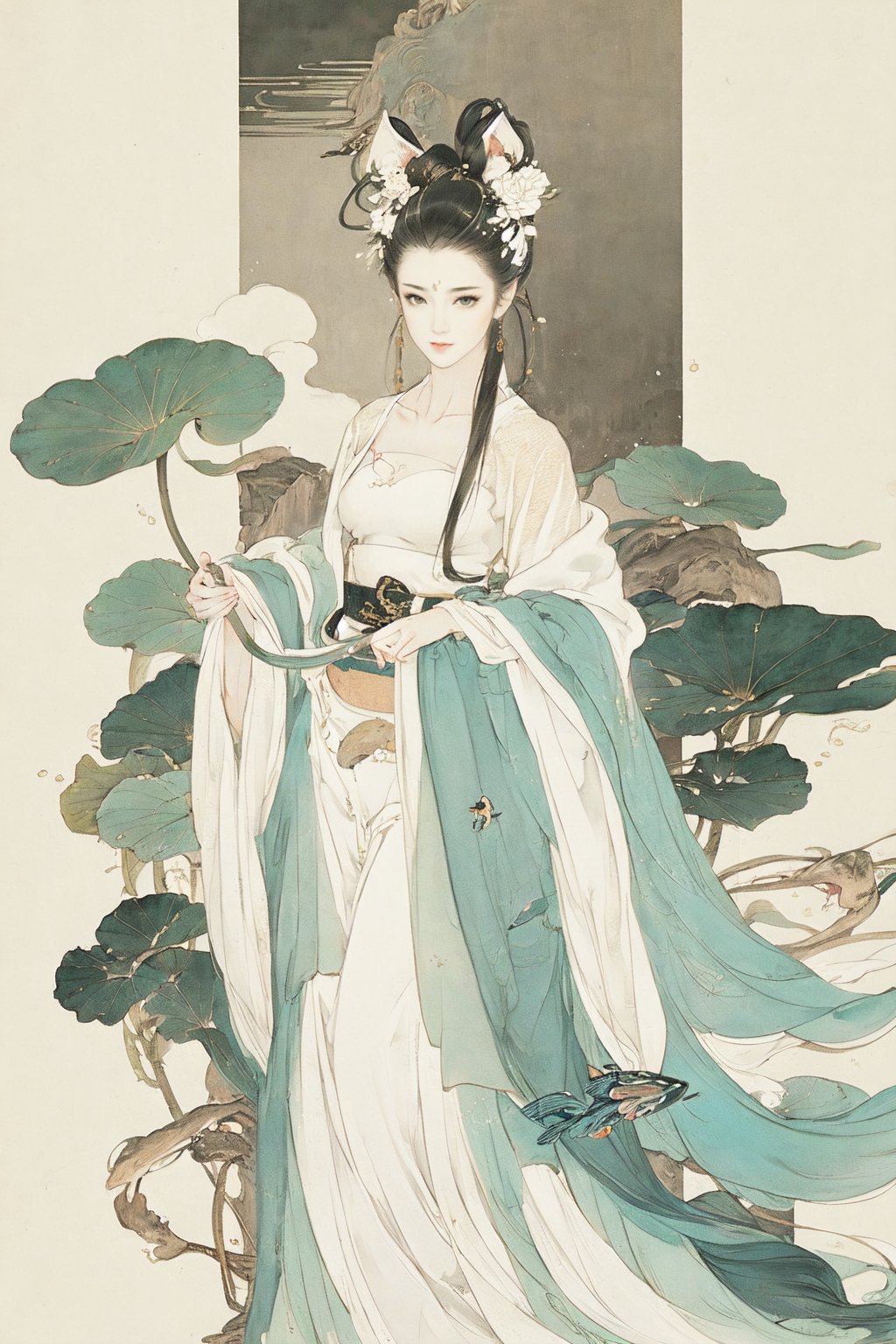 ((4k,masterpiece,best quality)), shuimobysim, traditional chinese ink painting, lotus, hanfu, maxiskit, dress conservatively 1 girl, solo, white hair, long hair, fox ears, white, bikini, fish, many fish near girl, look at viewer, tease