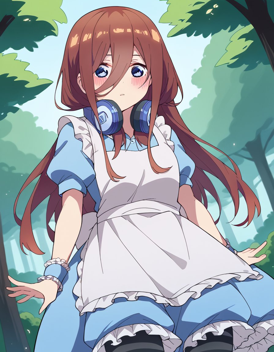 score_9, score_8_up, score_7_up, source_anime, mikunakano, <lora:miku-nakano-s2-ponyxl-lora-nochekaiser:1>, miku nakano, long hair, bangs, blue eyes, brown hair, hair between eyes, headphones, headphones around neck,, <lora:alice-cosplay-ponyxl-lora-nochekaiser:1>, alicecosplay alice \(alice in wonderland\) \(cosplay\), apron, black pantyhose, bloomers, blue dress, bow, dress, frilled apron, frilled dress, frills, puffy short sleeves, puffy sleeves, striped clothes, striped pantyhose, white apron, white bloomers, white pantyhose, wrist cuffs,, landscape, forest, blush,, cowboy shot, dutch angle, solo,