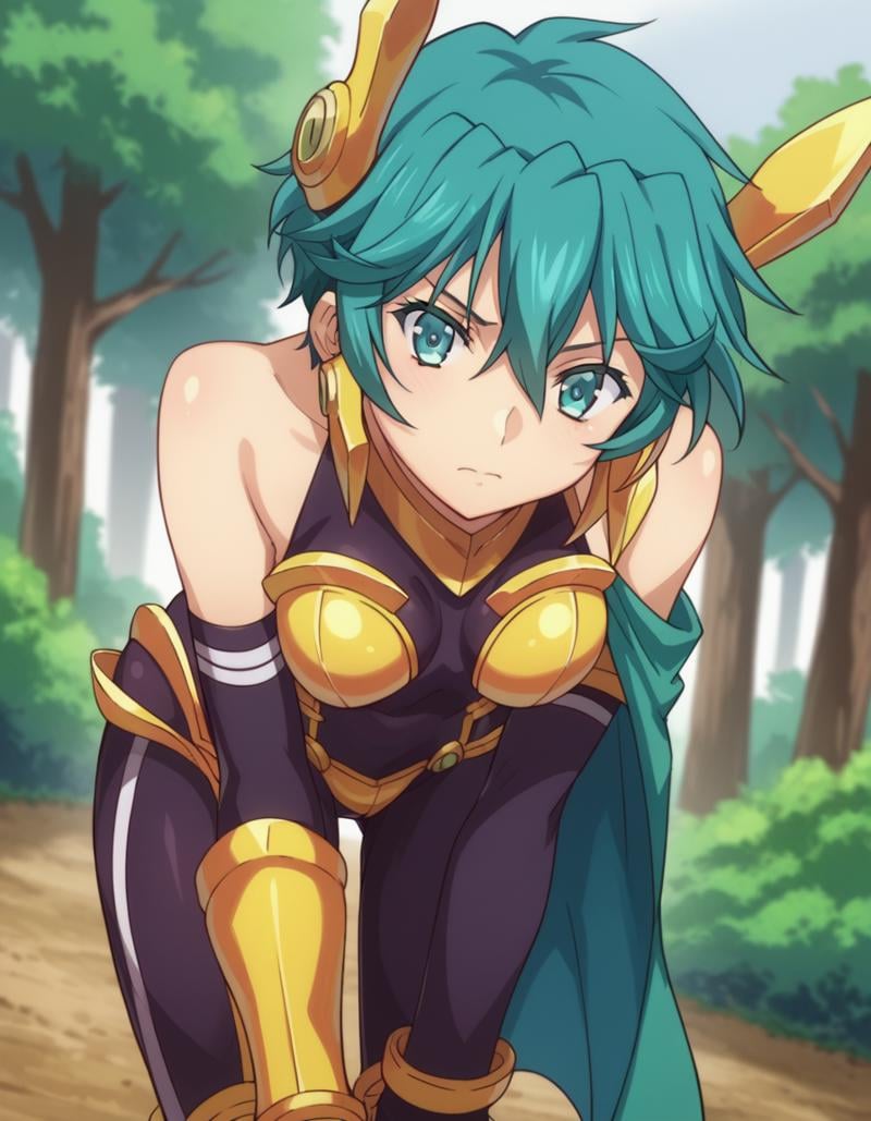 score_9, score_8_up, score_7_up, source_anime,yulangmirage, <lora:yulang-mirage-ponyxl-lora-nochekaiser:1>yulang mirage, short hair, aqua eyes, aqua hair, hair between eyes,gloves, bare shoulders, elbow gloves, fingerless gloves, cape, armor, headgear, gold armor,outdoors, forest, bent over,looking at viewer, dutch angle, cowboy shot