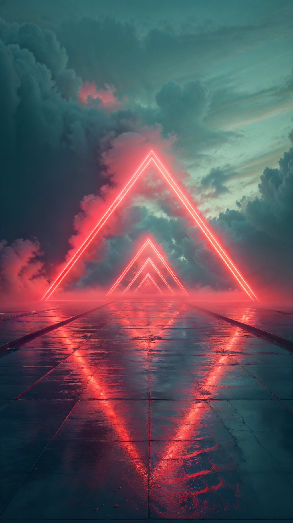 red neon triangle in the middle of a dark, cloudy landscape,WLJZ