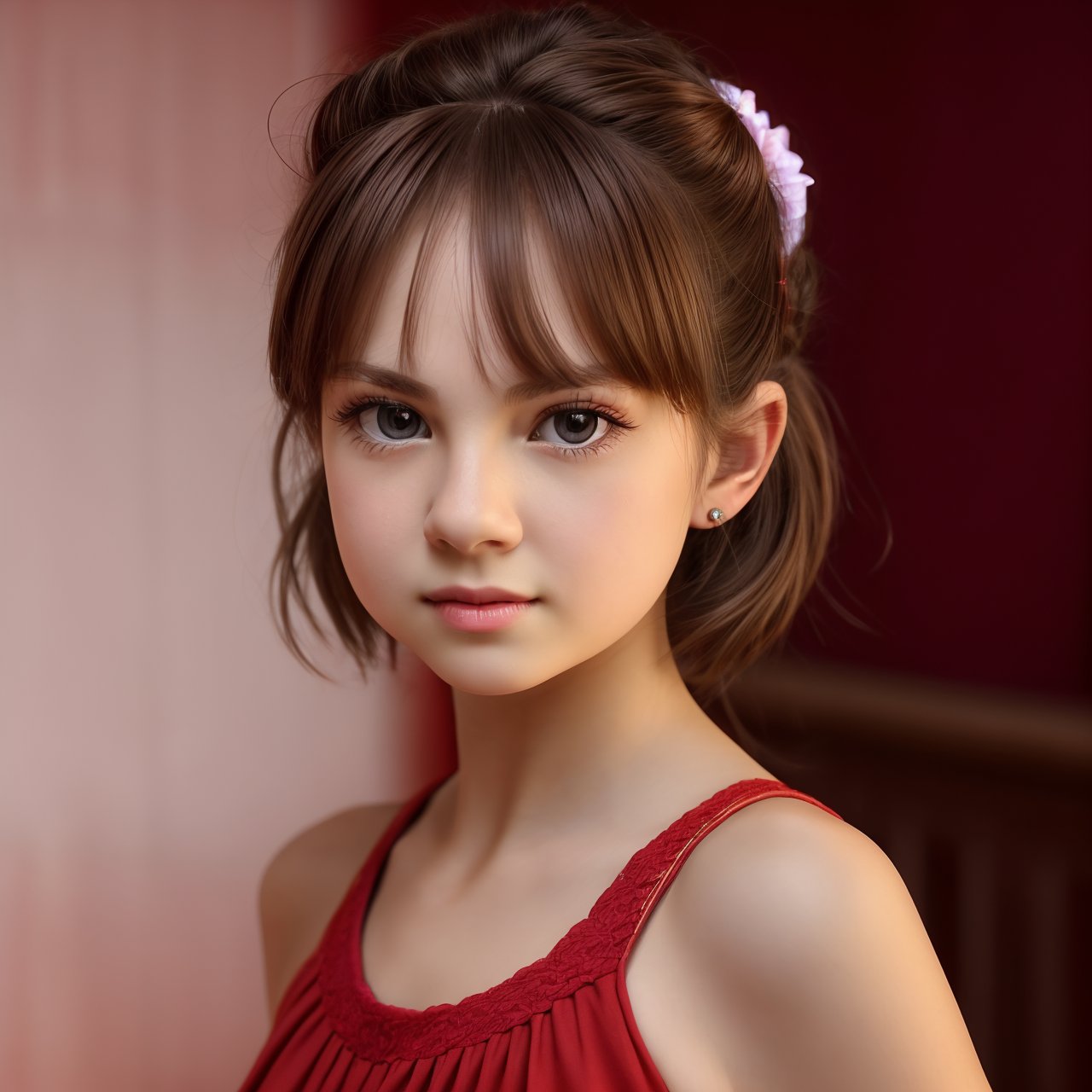 SFW, best quality, extra resolution, wallpaper, dolly short, close up of charming (AIDA_LoRA_BelK:1.06) <lora:AIDA_LoRA_BelK:0.93> posing for a picture on red background, red drape on the background, young girl, pretty face, red shirt, open mouth, dramatic, insane level of details, intricate pattern, studio photo, kkw-ph1, hdr, f1.6