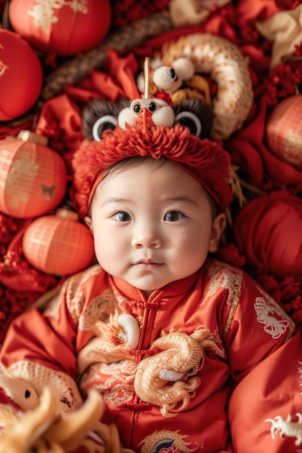 masterpiece,best quality,a baby in a chinese outfit with a dragon head on it's head and a dragon head on his head,