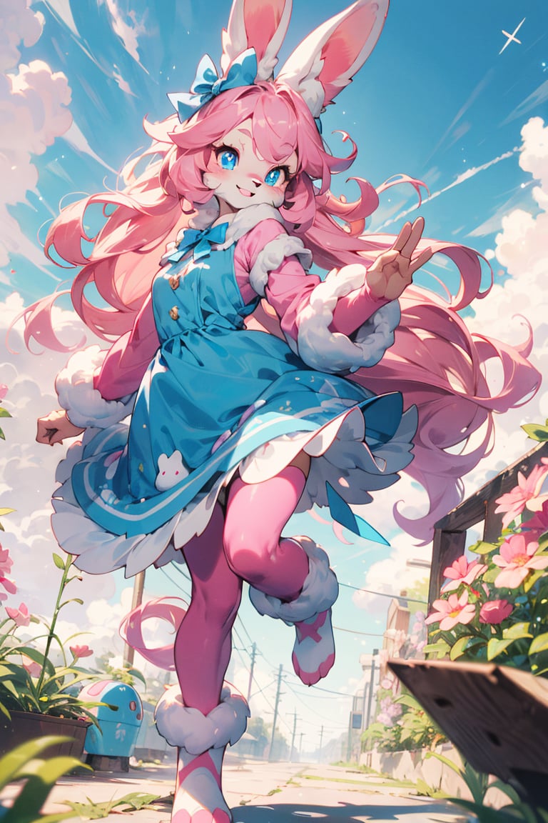 (best fluffy hands:0.7),From front, full body,best quality,( masterpiece,ultra detailed 8k art),Fluffy body,Fluffy,(anthro),focus furry rabbit 1 girl, (Close up 1 girl:0.7),smile,pink rabbit ears,blue eyes, princess, sky blue dress, pink to magenta gradation curly long hair