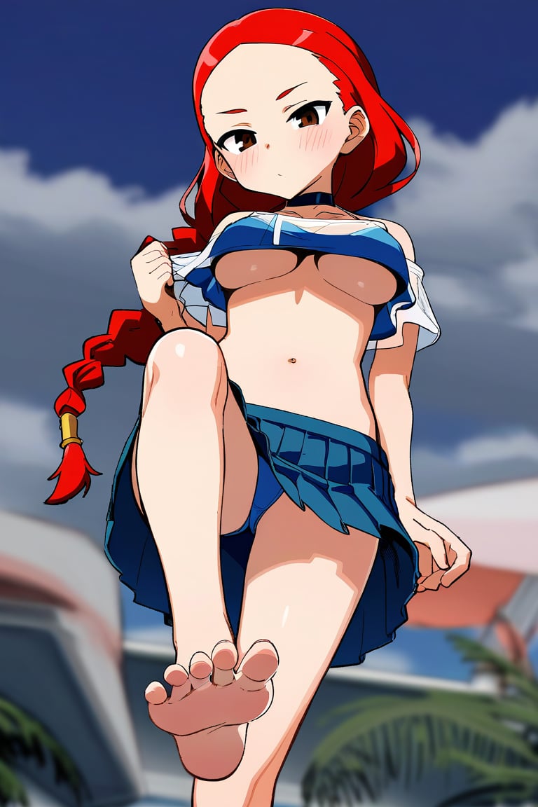 score_9, score_8_up, score_7_up, rating_safe BREAK1girl, ;p, makeup, blush, braided ponytail, red hair, brown eyes, forehead, medium breasts, oversized clothes, pleated skirt, see-through cropt top, choker, looking at viewer, blue bikini, from below, navel, soles, leg up, barefoot, toes, (underboob), beach