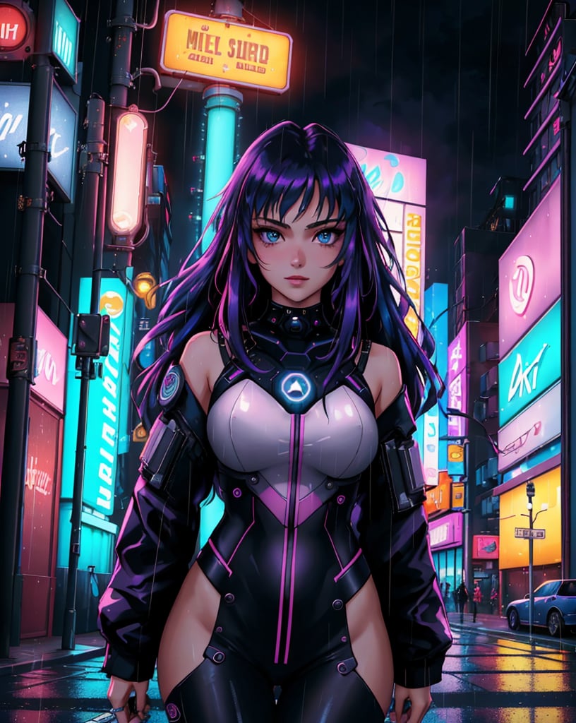 masterpiece, best quality, portrait of a 18yo woman ,  (neon lights rain streets cyberpunk cityscape:1.1) ,  color photo, cinematic, cinematic lighting, legenndary aged queen, anime, gorgeous 18-year-old woman, perfect eyes, graceful, landscape shot,  upper body, looking at viewer, standing, happy, enthusiastic