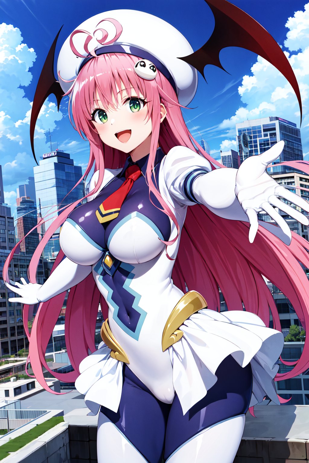 masterpiece, best quality, highres, aalala, long hair, hat, white headwear, head wings, green eyes, breasts, red necktie, white bodysuit, white leotard, puffy sleeves, white gloves, showgirl skirt, blue pantyhose, <lora:lala_satalin_deviluke_v1:0.7>, outstretched arms, smile, blue sky, city, rooftop, open mouth, 