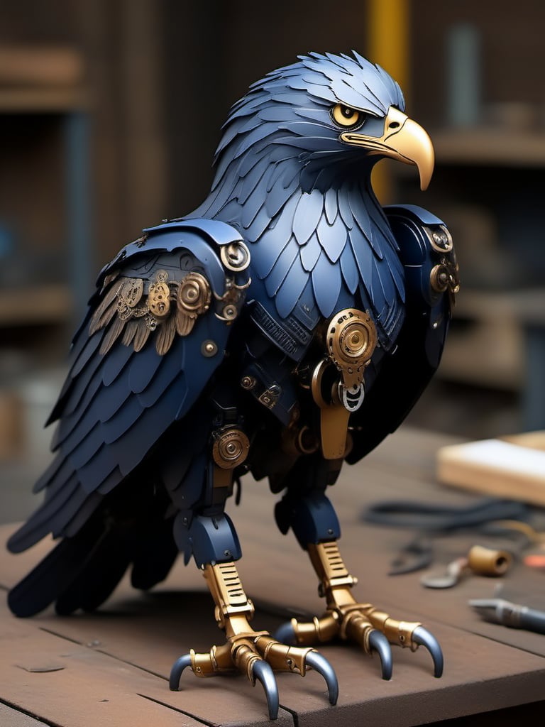 jixie,This is a mechanized eagle with a cyberpunk style. The eagle's body is composed of golden gears and mechanical parts, endowing it with a steampunk aesthetic style. Its feathers are presented by layered metal sheets, and the eyes are made to resemble the gaze of a real bird. The main body colors of the eagle are dark blue and gold. The background indicates that this work is located in a workshop environment. Tools and workbenches can be seen in the blurred background. The focus is on the craftsmanship and attention to detail in the depiction of the eagle, fusing organic forms with industrial elements<lora:仿生机械V1:0.7>,