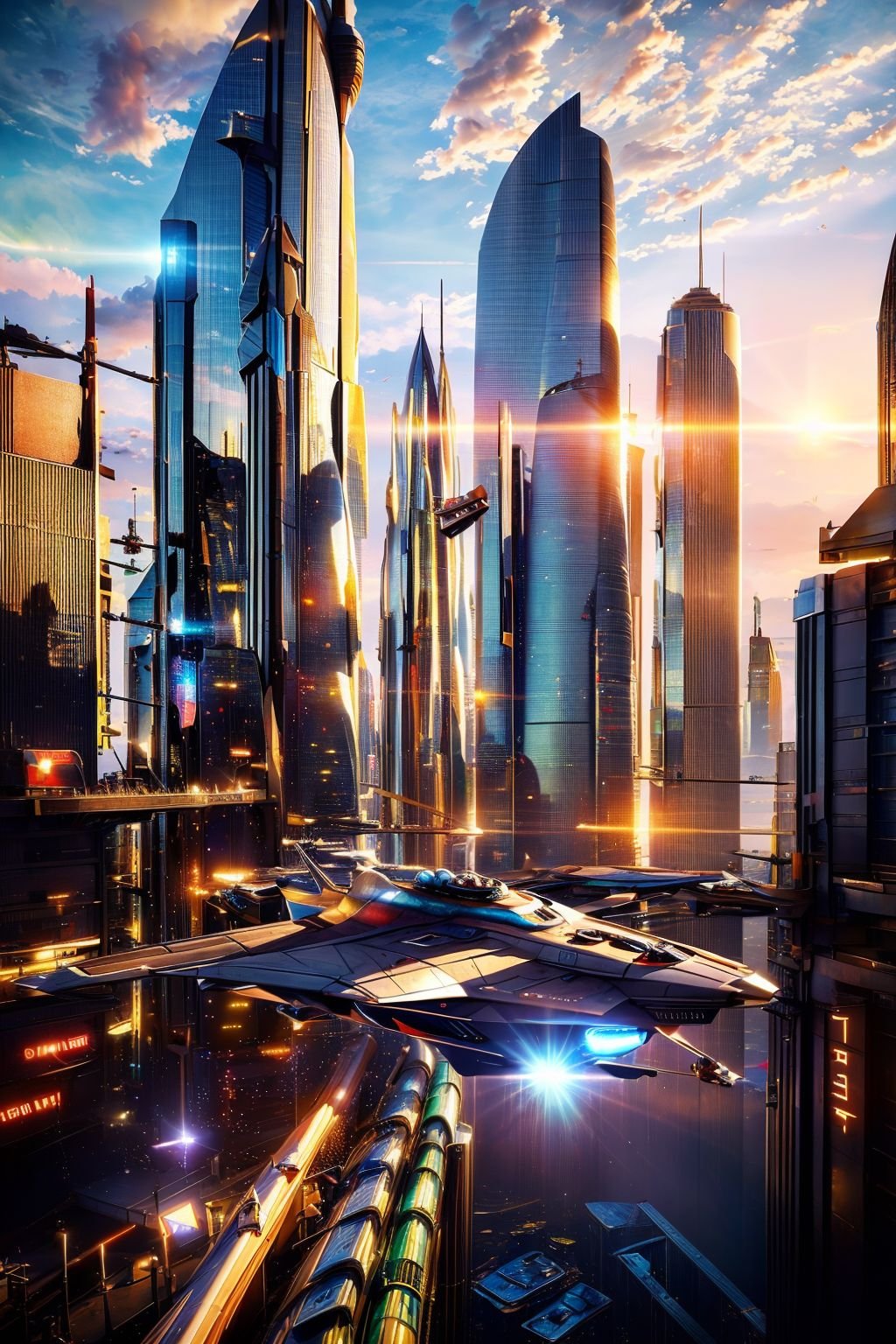 (masterpiece, best picture quality:1.3),realistic,SCI-FI City,scenery,science fiction,no humans,city,building,cityscape,sky,aircraft,outdoors,skyscraper,lens flare,cloud,spacecraft,