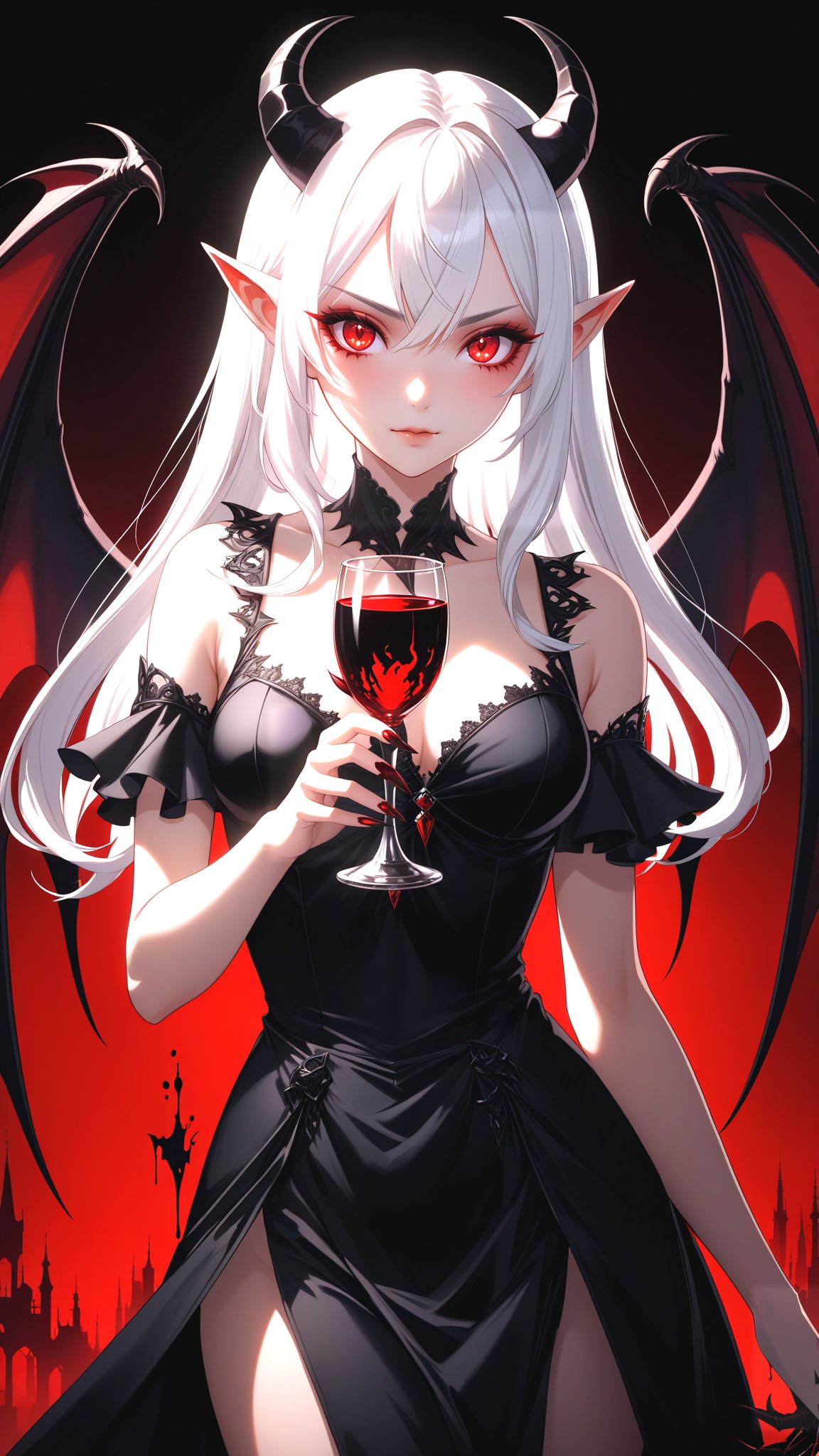 1 beautiful demon girl,  long white hair, (short and small black demon horn),  glowing red eyes, small pointed ears,  (black-blood-red wings), ((claw hands)):1.5,  black dress, beautiful face and eyes, slim body, medium small breasts, cleavage, holds a goblet full of blood in her claw,(masterpiece, best quality, ultra-detailed, best shadow), detailed background, high contrast, (best illumination, an extremely delicate and beautiful), ((cinematic light)), hyper detail, dramatic light, intricate details, 8k, anime, very aesthetic,