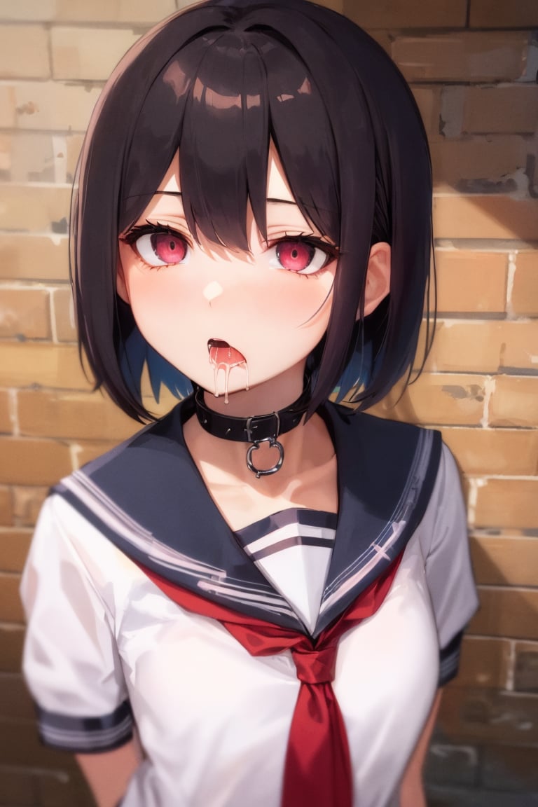 (face focus:1.2), upper body, 1girl, looking at viewer, empty eyes, drooling, serafuku, black slave collar, red tie, white shirt, blue sleeves, short sleeves, small breasts, short black hair, brick wall, overhead light, solo