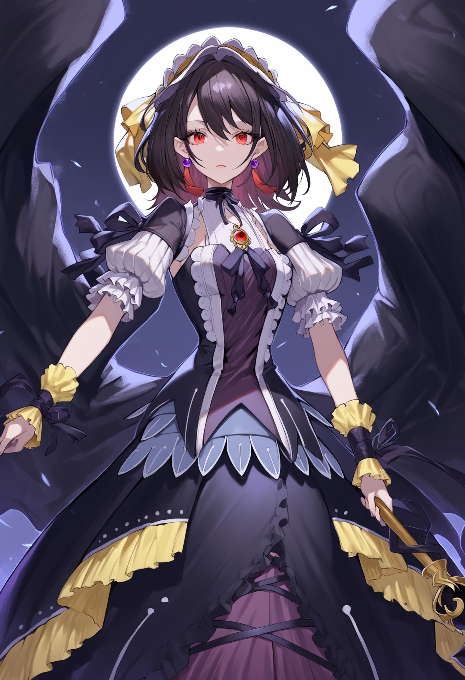 (score_9:0.9),score_8_up,score_7_up,anime style,rating_safe,(zPDXL),<lora:underworld goddess of the closed world ponyXL v1:0.83>,underworld goddess of the closed world,black princess dress,puffy short sleeves,1girl,solo,staff,looking at viewer,yellow hairband,black wings,eclipse,