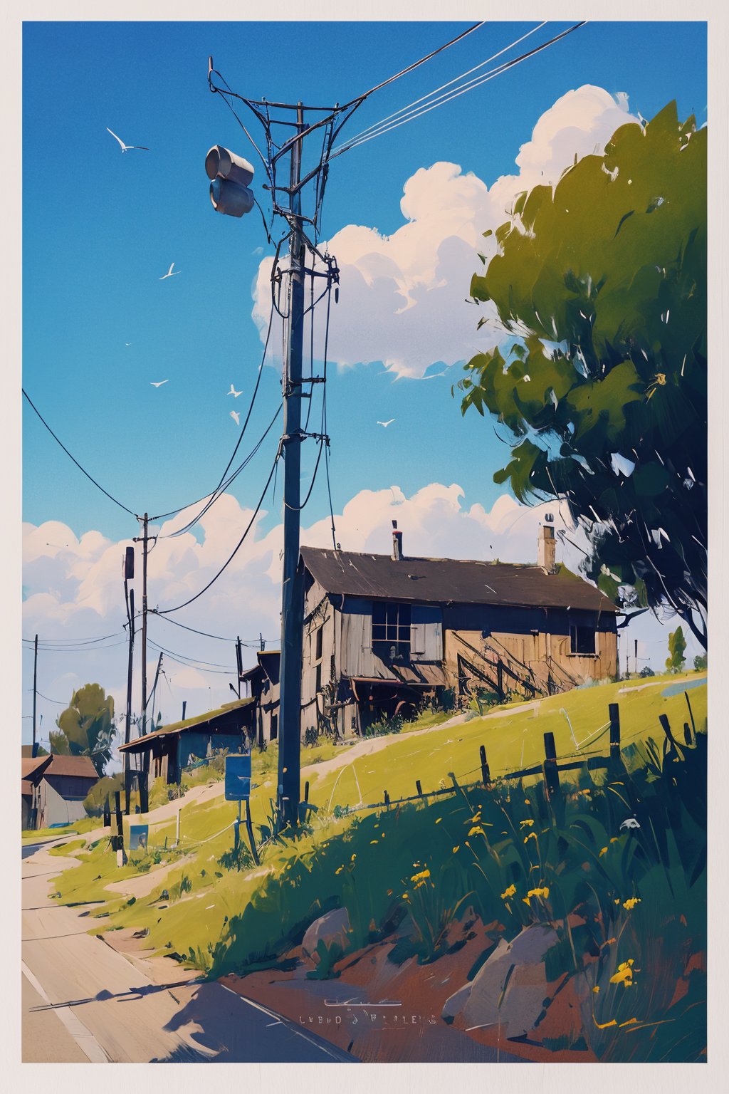 PP, outdoors, sky, cloud, no humans, day, border, blue sky, grass, power lines, white border, bird, scenery, english text, artist name, sign, utility pole, building， <lora:PP_20231011220007-000006:0.7>