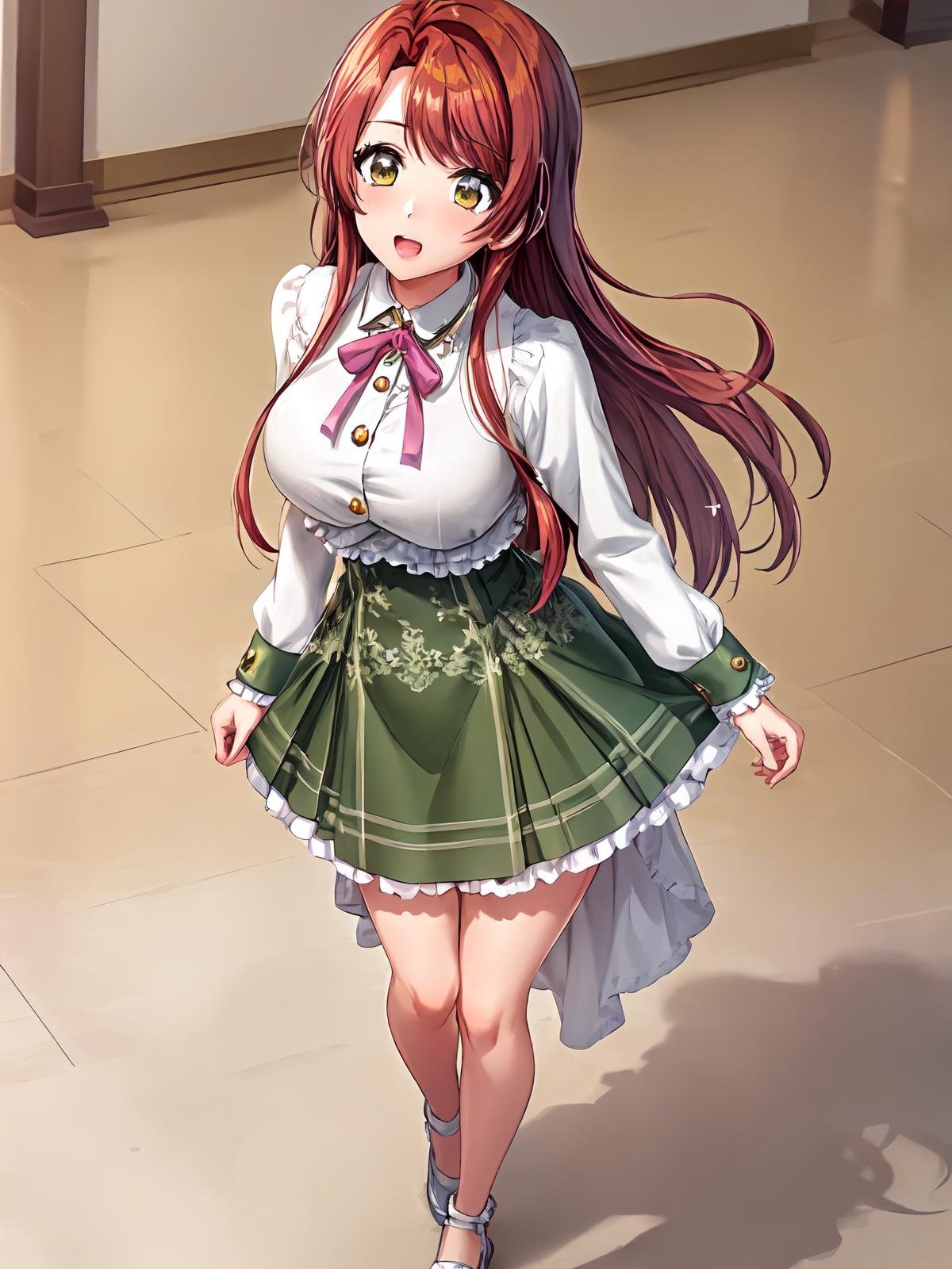 (extremely detailed CG), (best quality), 1girl, perfect face, shiny skin, lustrous skin, wide hips, narrow waist  solo 1girl,<lora:Haruna-09:0.7>haruna, long hair, bangs, red hair, green skirt, white shirt, frills, yellow eyes, ribbon, shoes,standing, full body, 