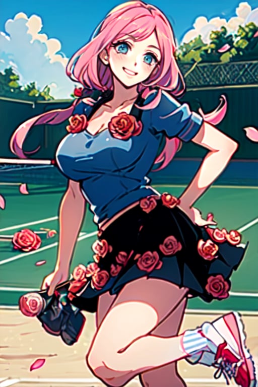 (Masterpiece), (best quality,  perfect face),  pink hair,  blue,  eyes,  big boobs,  big breasts,  beautiful,  bright Eyes,  blush,  long hair,  smiling,  blue blouse with a rose on each strap,  black skirt with red roses,  low and wide striped withe socks,  smile,  open mound,  tennis shoes,  six pigtails,  sexy,  flowers, mountain,  park,  roses,  yasuho hirose, liar liar,<lora:EMS-259756-EMS:0.800000>,<lora:EMS-12655-EMS:0.800000>