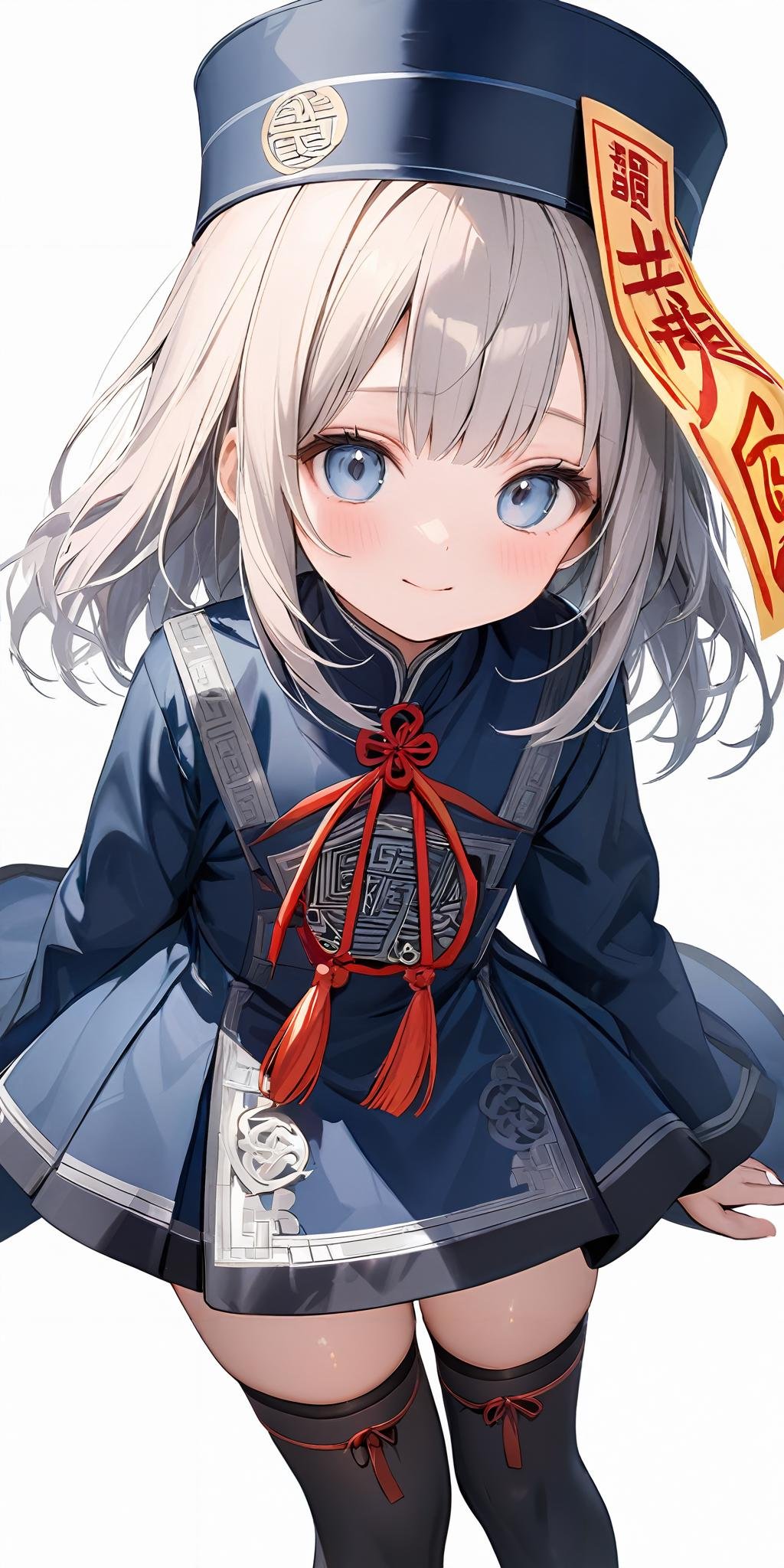 masterpiece,ultra-detailed,best quality,8K,illustration,cute face,clean skin ,shiny hair,girl,cowboy shot,simple background, <lora:add-detail-xl:1> <lora:jiangshi dress_XL_V1.0:1> jyojifuku, ofuda, blue dress, ribbon,hat,thighhighs,shoes