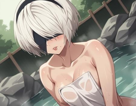 score_9, score_8_up, score_7_up, source_anime,2b, <lora:2b-s1-ponyxl-lora-nochekaiser:1>,2b, yorha no. 2 type b, short hair, white hair, hairband, mole, black hairband, mole under mouth, blindfold, covered eyes, black blindfold,nude, naked, outdoors, onsen, towel, naked towel, steam, bathing, nude cover, partially submerged, water, bath, steam censor, wet towel, blush,solo, dutch angle, looking at viewer, cowboy shot,