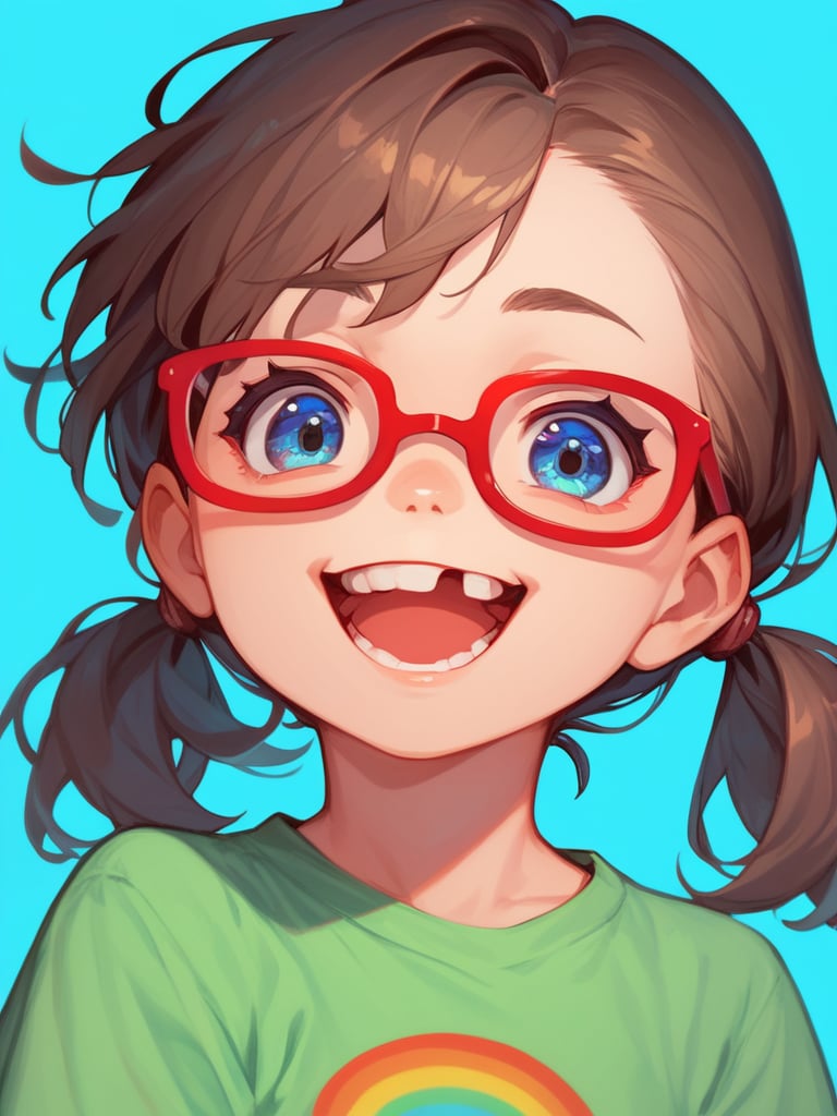 score_9,score_8_up,score_7_up,score_6_up,score_5_up, missing_tooth, 1girl, smile, open mouth, upper teeth, solo, brown hair, glasses, blue eyes, looking at viewer, low twintails, red-framed eyewear, colorful, blue background, green shirt, portrait <lora:uohh_youngest_nostyle:1><lora:uohh_missing_tooth:1>