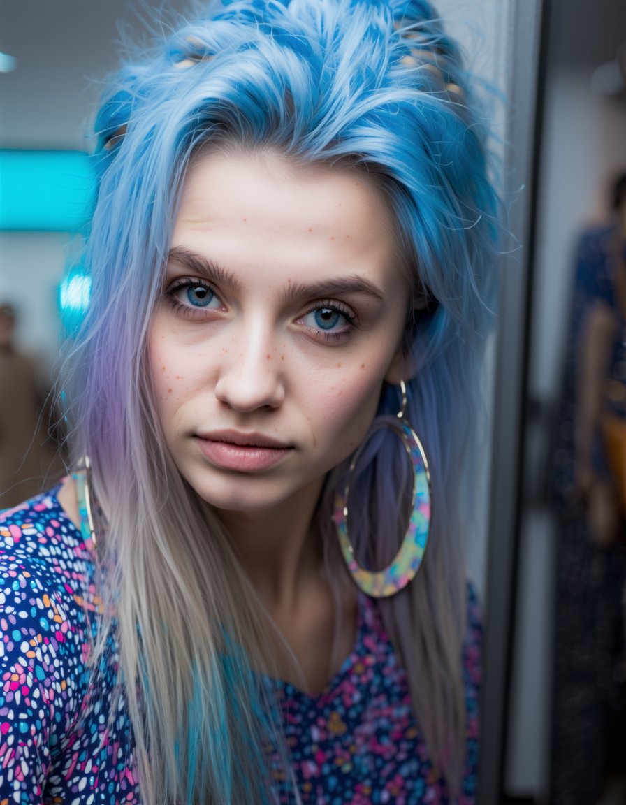 best quality, 4K, 8K, high-resolution, masterpiece, ultra-detailed, photorealistic,  a young woman with blue hair and freckles on her face is posing for a selfie in front of a mirror, woman, long hair, looking at viewer, blue eyes, shirt, closed mouth, jewelry, blue hair, upper body, multicolored hair, earrings, indoors, necklace, blurry, two-tone hair, grey eyes, lips, blurry background, forehead, freckles, hoop earrings, realistic,