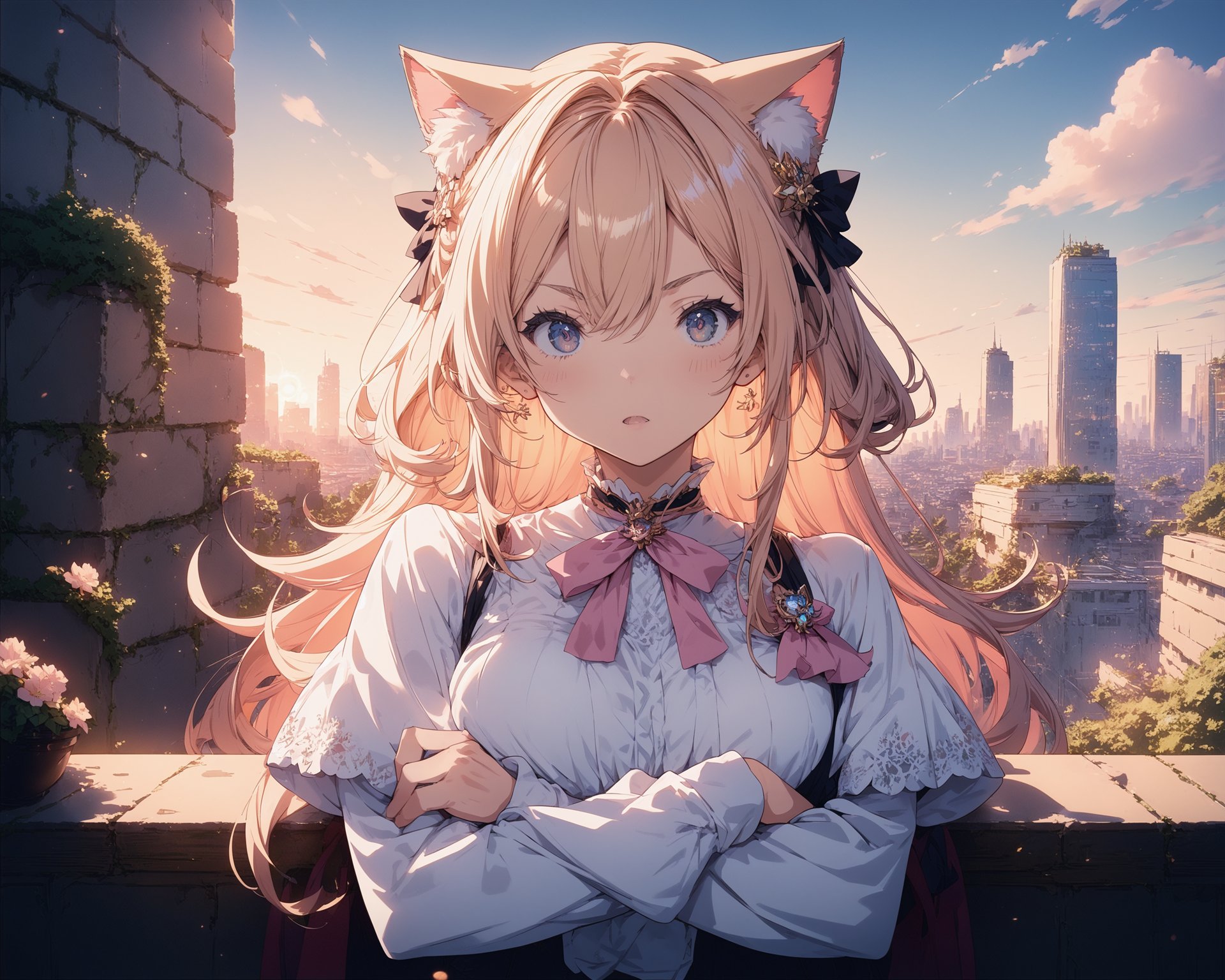 score_9,score_8_up,score_7_up,source_anime,masterpiece,best_quality,highres,absurdres,BREAK1girl,cat_ears,crossed_arms,sunset,outdoors,cityscape,