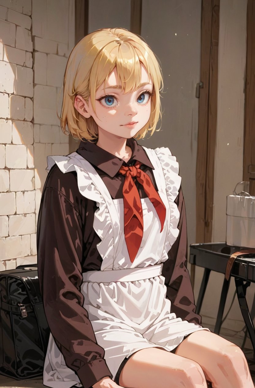 1girl,blonde,(solo:1.5),sittingwhite apron,brown dress,(long sleeves:1.1),red neckchief,cccpuniform, <lora:Perfect Hands:1> <lora:add-detail-xl:0.5> <lora:苏式校服:0.85>   <lora:age_slider_v4:-2>  <lora:Xenotrip:0.5>, score_9, score_8_up, score_7_up, score_6_up, score_5_up, score_4_up,zPDXL