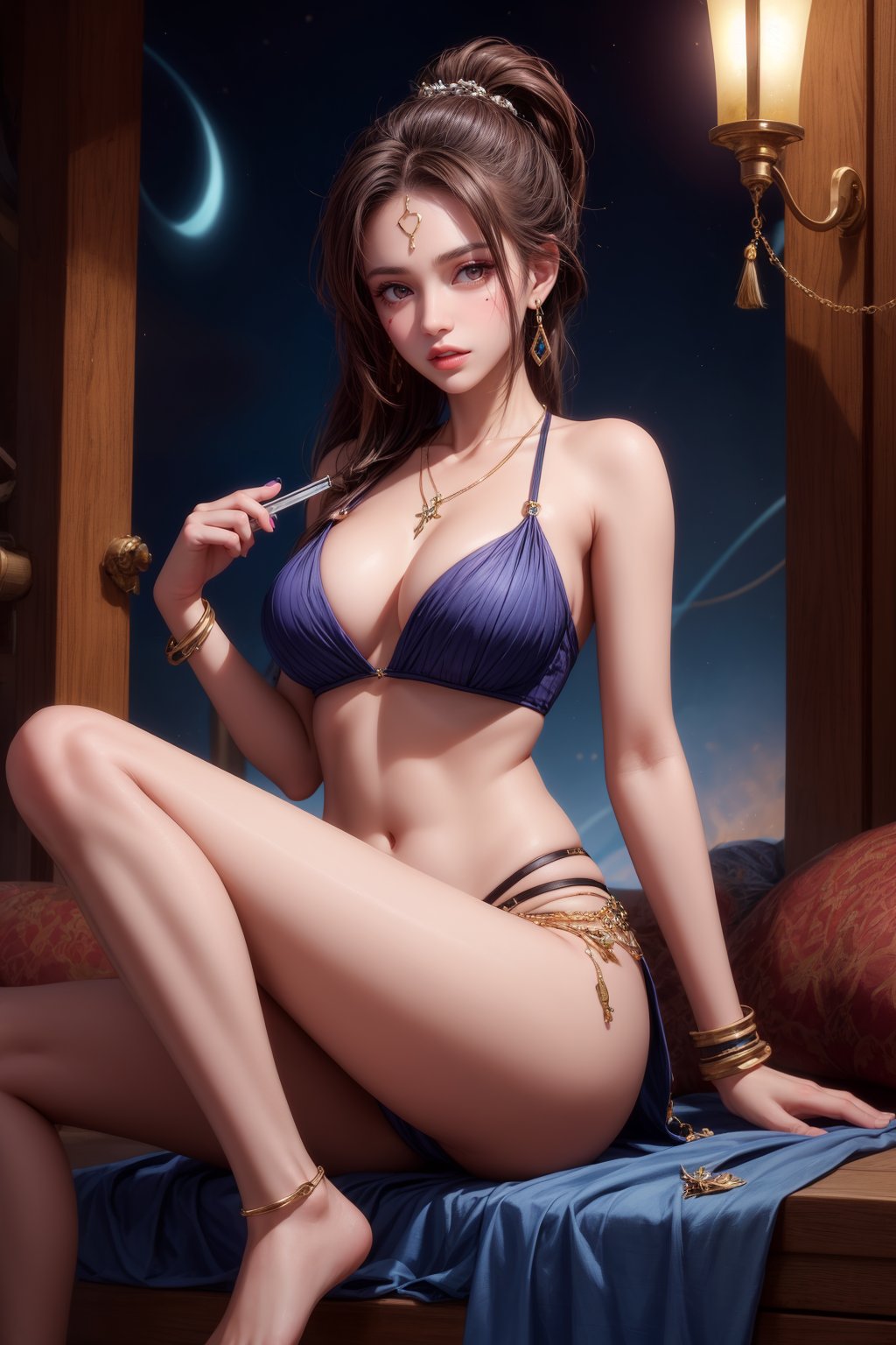 1girl,jewelry,solo,phone screen,tribal,ponytail,facial mark,forehead jewel,necklace,looking at viewer,dark skin,breasts,brown hair,tooth necklace,lips,dark-skinned female,weapon,brown eyes,barefoot,navel,bare shoulders,midriff,forehead mark,black hair,earrings,<lora:add_detail:1>,