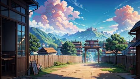 konohavillage konoha gate walls, ramen resto, cable, tree, mountain, flower, at dawn, zebra cross, cloudy sky, cloud, pastel color, <lora:ARWKonohaVillage:1>