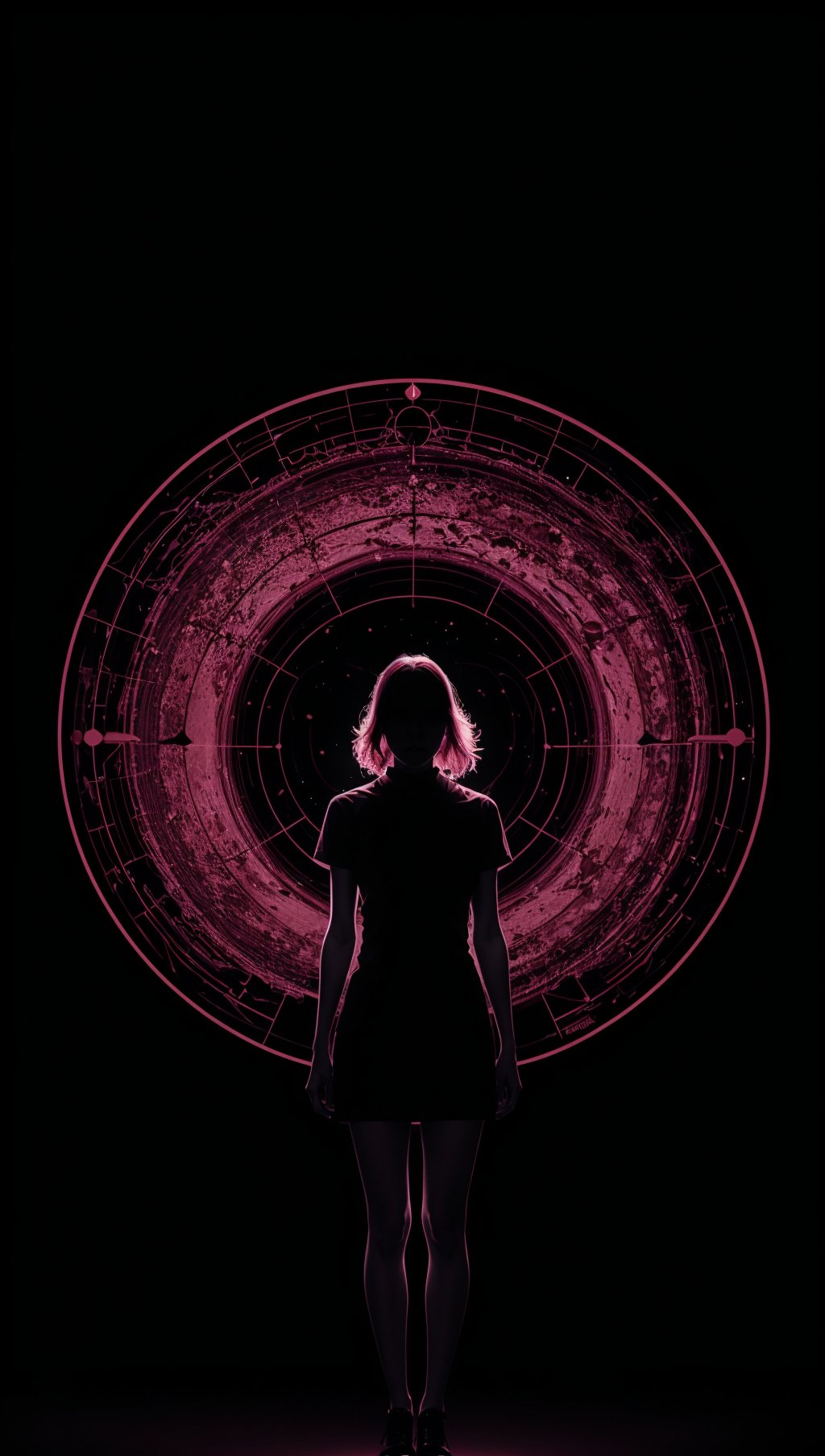 (silhouette:1.25),1girl,dark background,blacklight,mid shot,full body,somber expression,looking down,dark energy,vibrant magenta,portal to another world,flat color,flat shading,ultra realistic,highres,superb,8k wallpaper,extremely detailed,intricate,limited palette,pink,