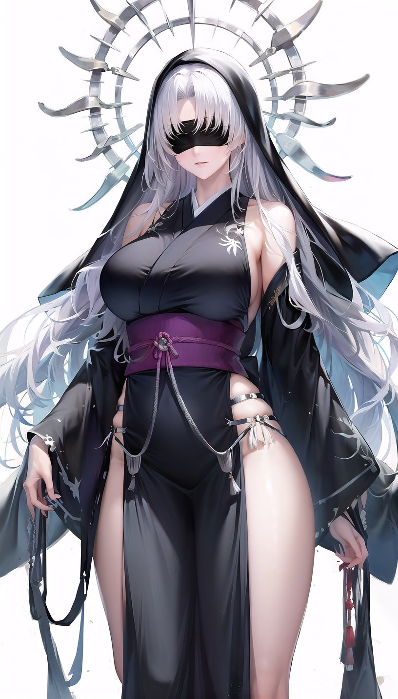 nox-hairstyle,halo,black blindfold,white hair,forehead,(japanese clothes:1.28),lady,mature female, cowboy shot,(white background, simple background:1.18),highres,official art,original,masterpiece,best quality,(large breasts), <lora:noxpi2:0.8> 