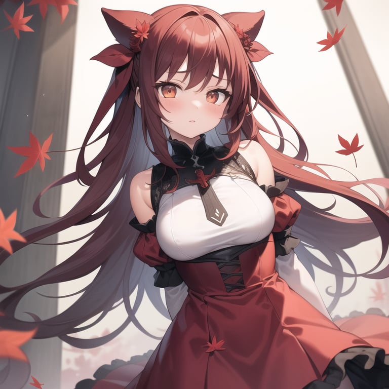 masterpiece,best quality,1girl,crimson forest,red leaf dress,arms at sides