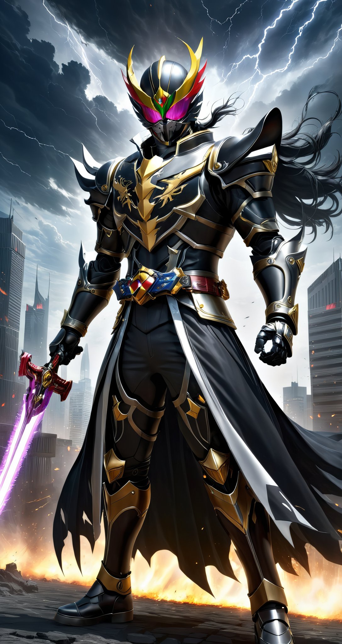 kamen rider style,Mysterious Warrior Kamen Knight, wearing dark armor and holding the Thunder Sword, the embodiment of justice, guarding the peace of the city. Brave and fearless, gallop on the battlefield, crack the evil plot, uncover the veil of truth.