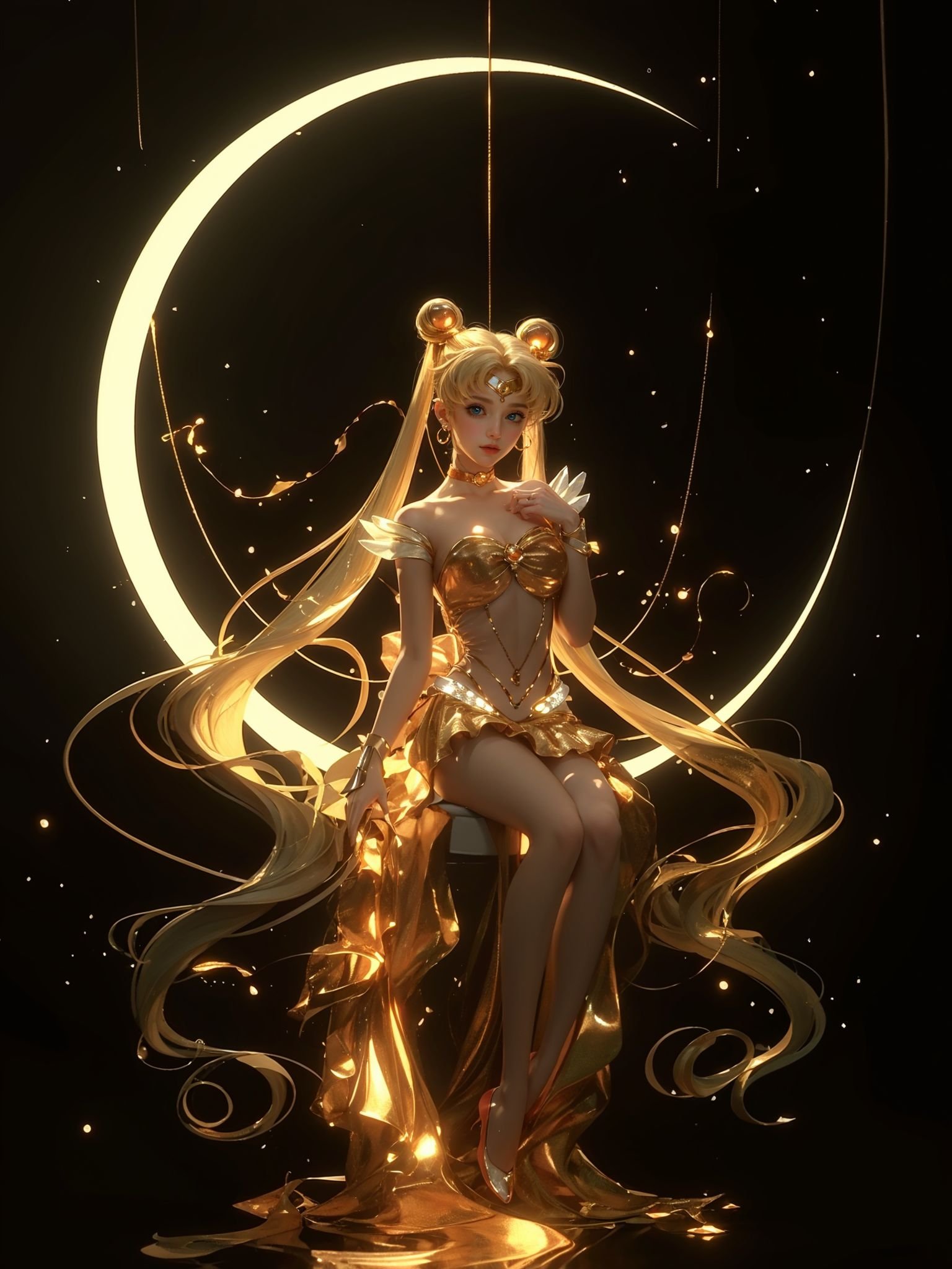 (8k, RAW photo, highly detailed,masterpiece, highest quality),rich colors,high contrast,film still,full shot body photo of the most beautiful artwork in the world,cinematic light,fantasy,highres,(detailed face),xuer Sailor Moon,1girl,long hair,tsukino usagi,blonde hair,solo,twintails,very long hair,crescent,sitting,jewelry,facial mark,blue eyes,hair bun,crescent facial mark,double bun,absurdly long hair,full body,crescent moon,bow,bangs,earrings,moon,breasts,forehead mark,hair ornament,high heels,navel,white bow,closed mouth,black background,high gloss,extremely beautiful skin,natural skin texture,(pale skin, real_skin),(Milky skin:1.2),(shiny skin:1.5),<lora:xuer Sailor Moon_20240329152018:0.8>,