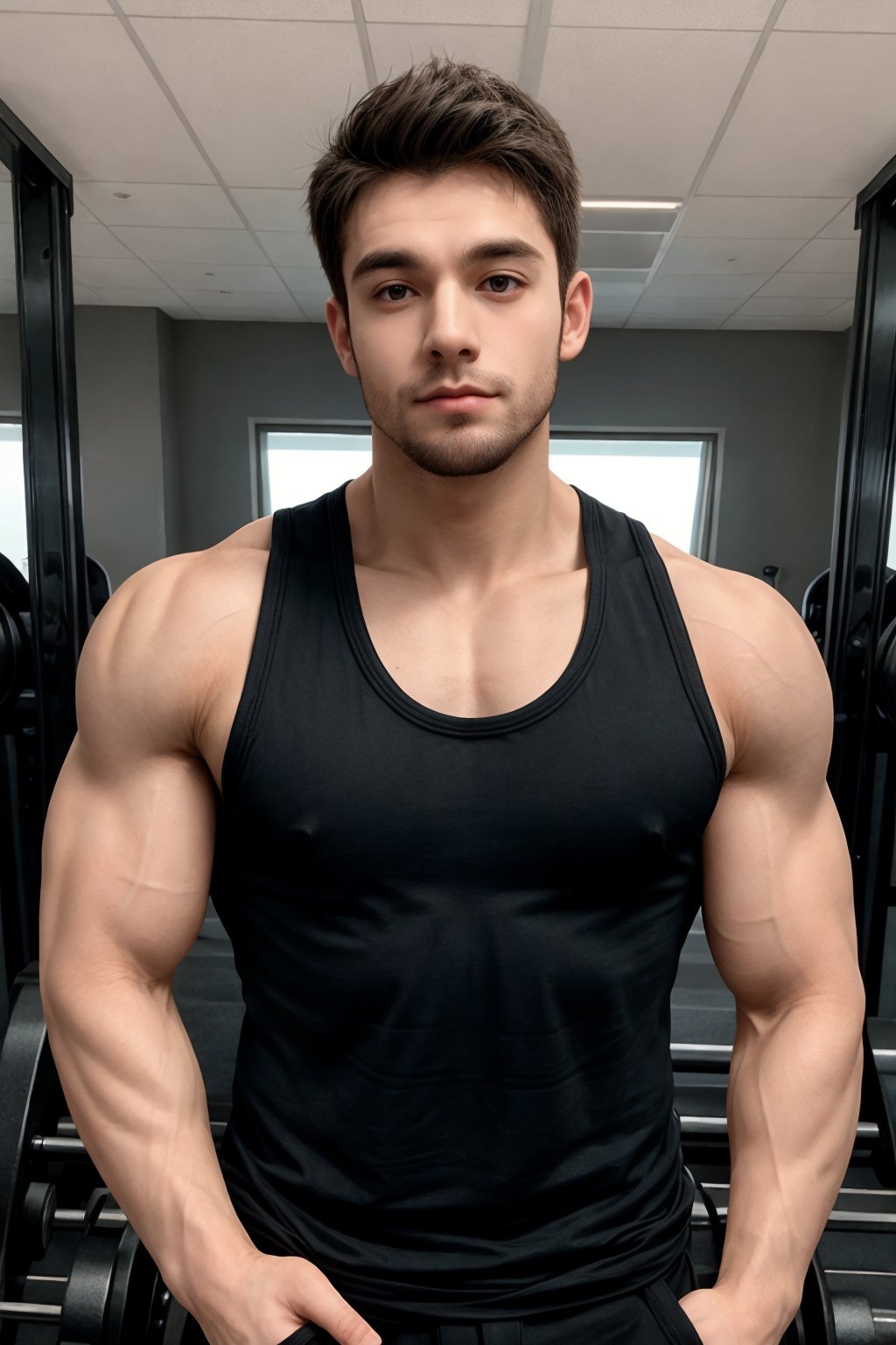 man, bodybuilder,  sleeveless tank top, the hands must be well represented, the hands must have five fingers, the hands must be anatomically correct, the hands must be well proportionated