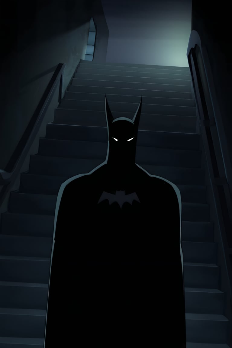 batman, batman_cc_style, solo, stairs, looking at viewer, straight-on, letterboxed, 1boy, silhouette<lora:EMS-410711-EMS:1.000000>