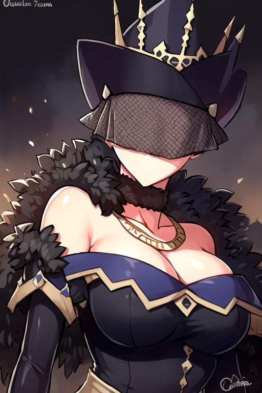 gremory, hat with veil, fur trim, choker, necklace, breasts, black long dress, gloves, overlay blue skirt with gold chain balt, in castle, solo, upper body