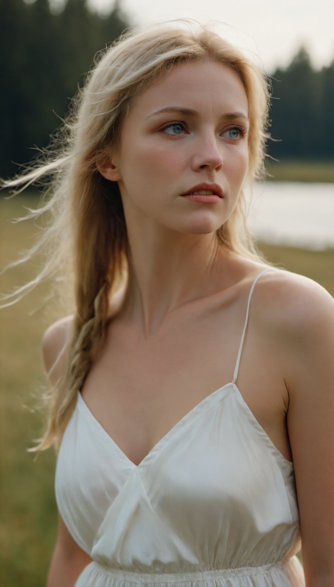 An outdoor close-up portrait of a Nordic woman wearing a silk white sundress, with a sexy expression, leaning forward,