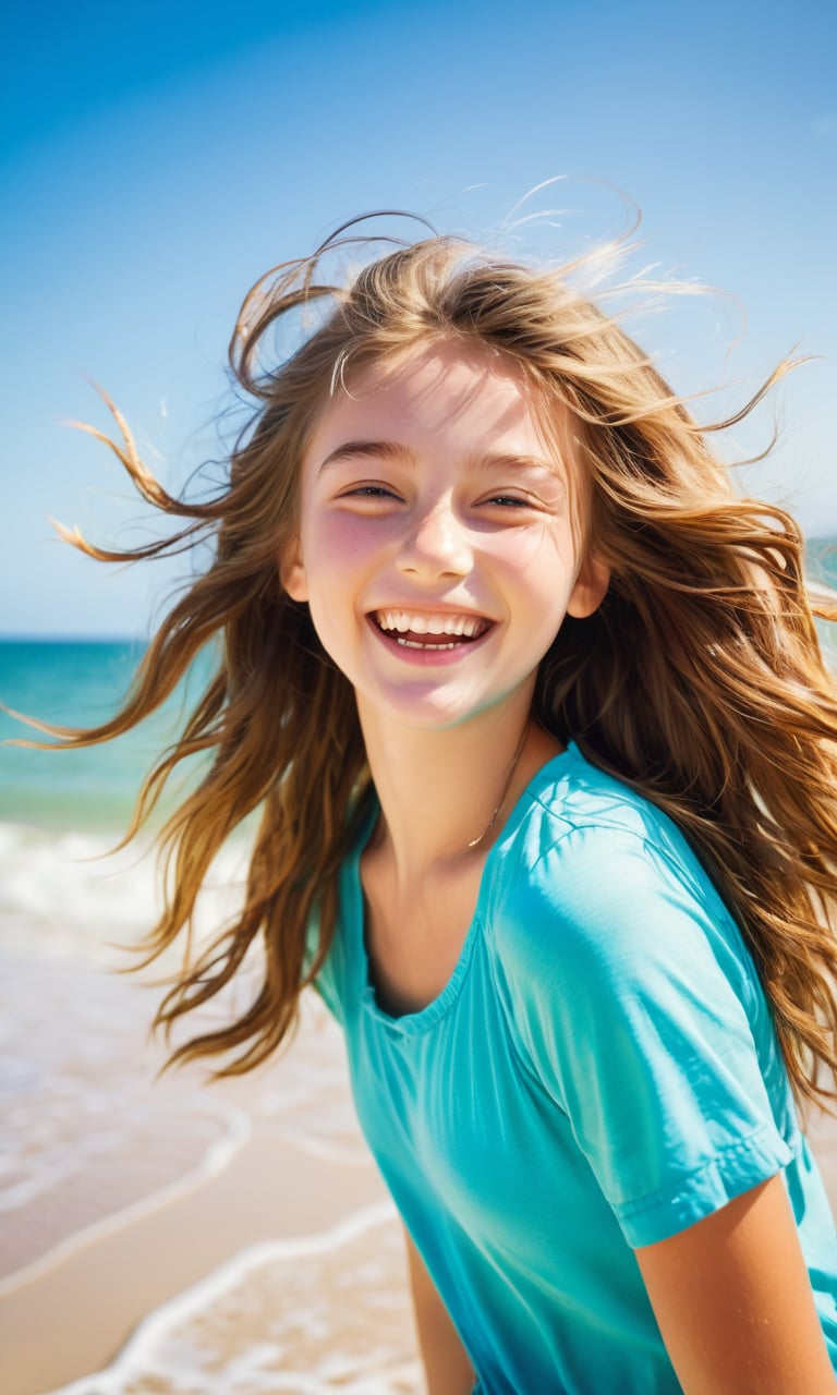 Sun-Kissed Summer Adventure: A vibrant, high-energy portrait of a teenage girl enjoying a summer adventure, her hair tousled by the sea breeze, laughter captured in a moment of pure joy. The background of a bright, sunny beach adds to the feeling of freedom and carefree youth. The image, rich in vivid colors and dynamic composition, captures the essence of summer fun. Shot on a Canon 5D Mark IV, f/2.2, with natural sunlight.